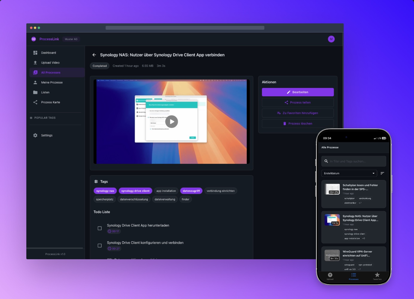 ProcessLink Dashboard mit Video und QR-Code