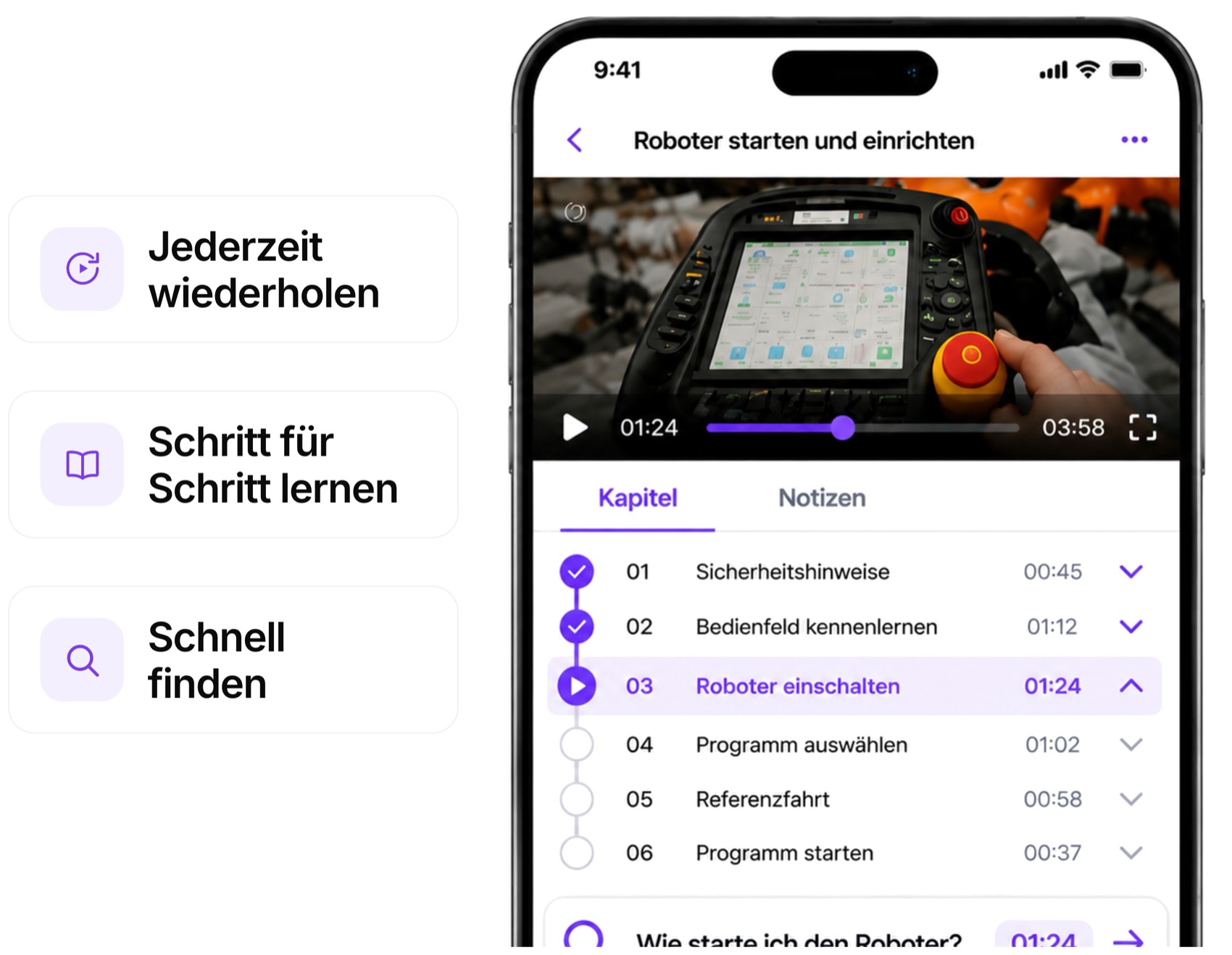 Jederzeit wiederholen, Schritt f&uuml;r Schritt lernen, schnell finden